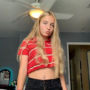 yellow white Blue and red striped crop polo shirt.